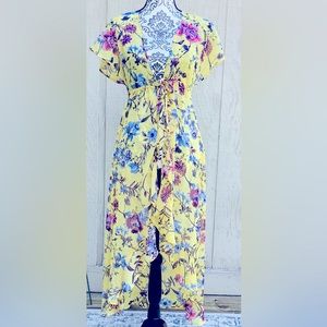 Yellow flowered dress with tie